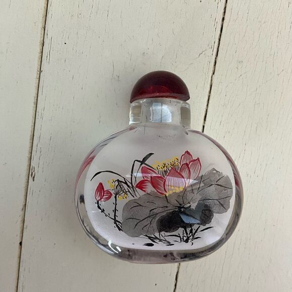 Vintage Inside Painted Glass Snuff Bottle Floral In Box - Picture 2 of 5